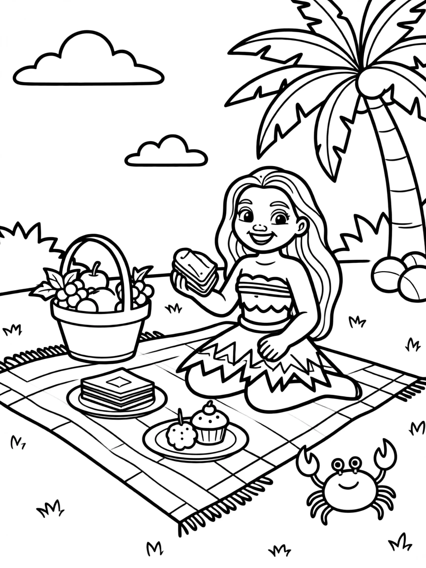 Moana having a picnic, with big bold outlines for easy coloring.