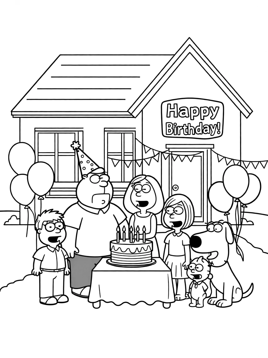 Family Guy celebrating a birthday, in front of their famous house or scene.