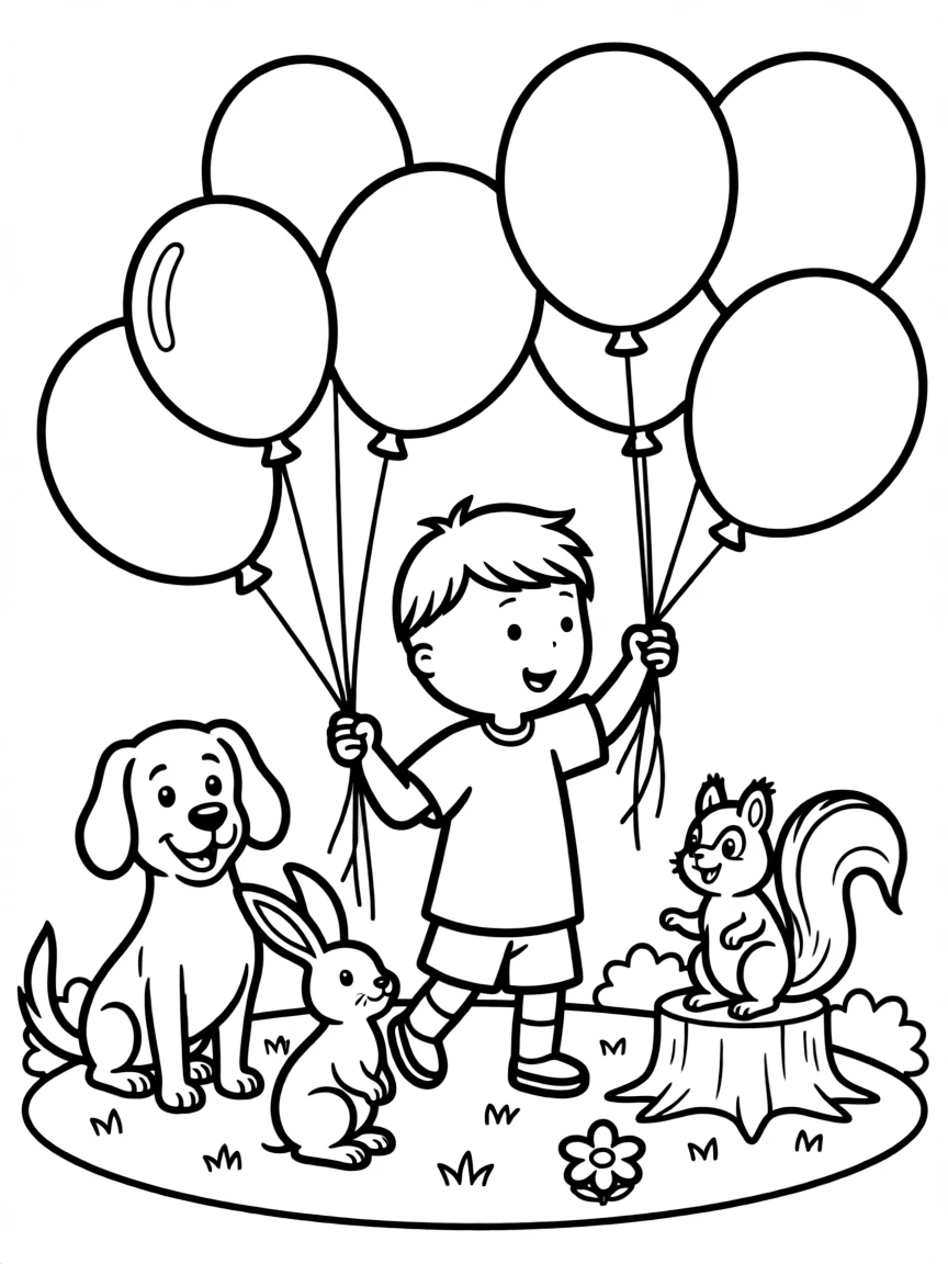 Caillou playing with balloons, surrounded by friendly animals.