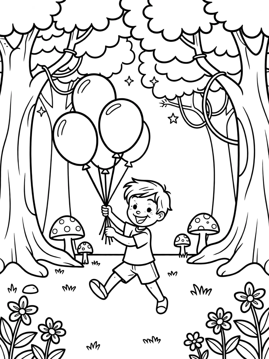 Sylvester playing with balloons, in a magical forest setting.