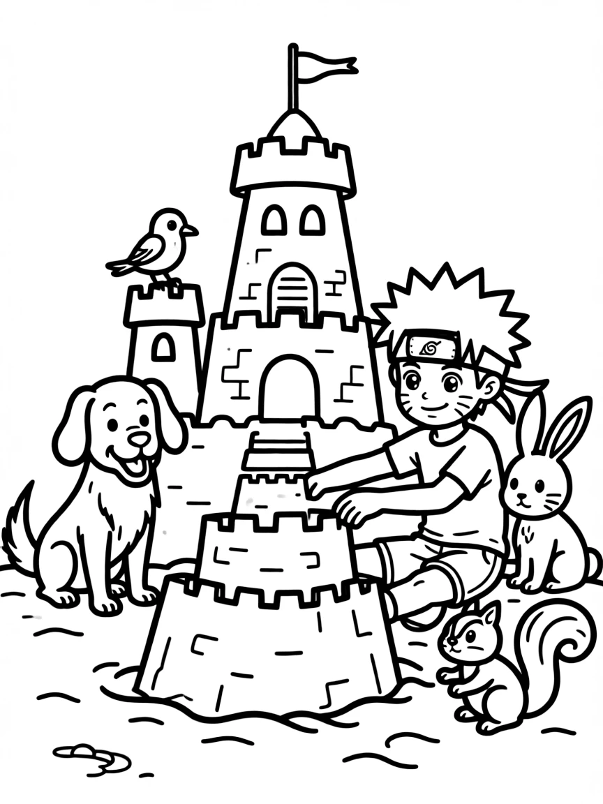 Naruto building a sandcastle, surrounded by friendly animals.