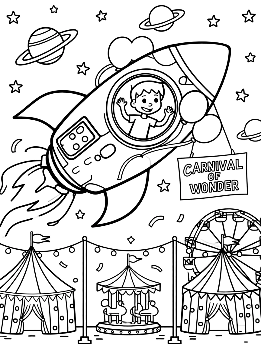 Jimmy Neutron exploring space in a rocket, at a carnival with colorful decorations.