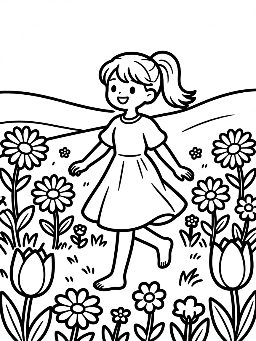 Sakura dancing in a field of flowers, with big bold outlines for easy coloring.