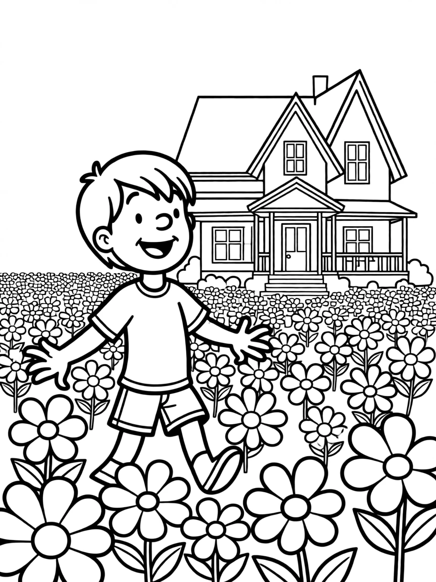 Hey Arnold! dancing in a field of flowers, in front of their famous house or scene.