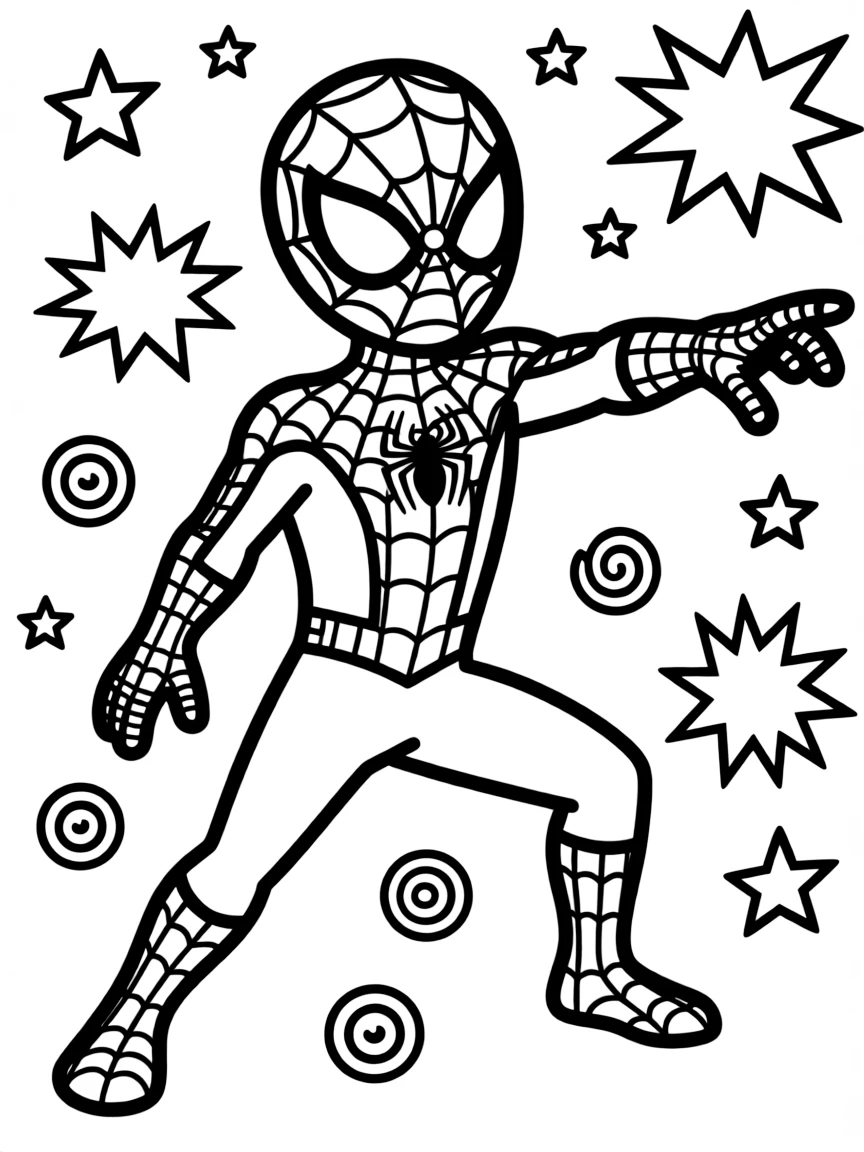 Spider-Man wearing a superhero costume, with playful patterns around.