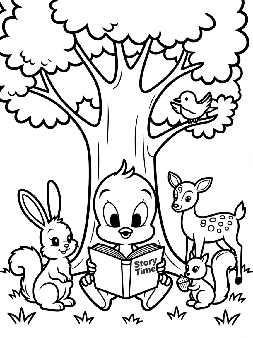 Tweety Bird reading a book under a tree, surrounded by friendly animals.