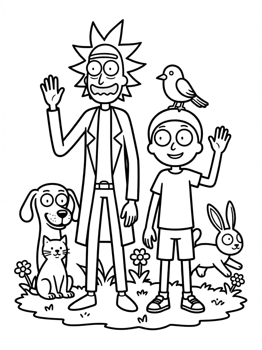 Rick and Morty waving hello, surrounded by friendly animals.
