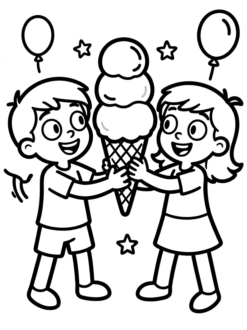 Adventure Time enjoying an ice cream cone, with big bold outlines for easy coloring.