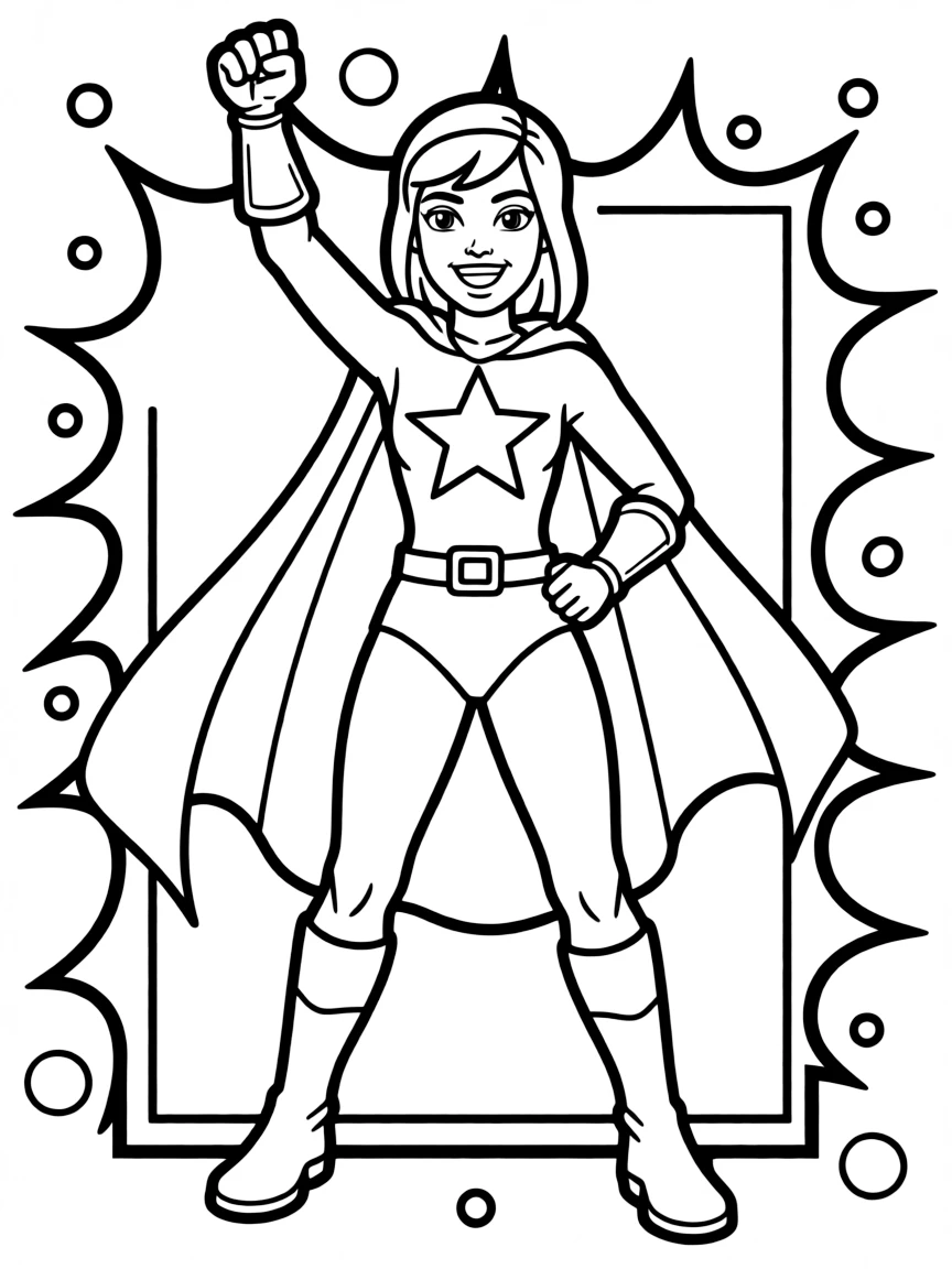 Daphne wearing a superhero costume, inside a comic book frame.