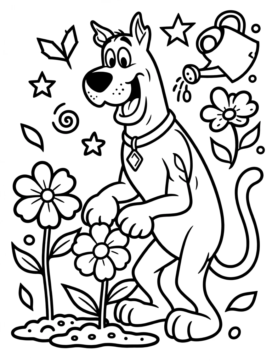 Scooby-Doo gardening, with playful patterns around.