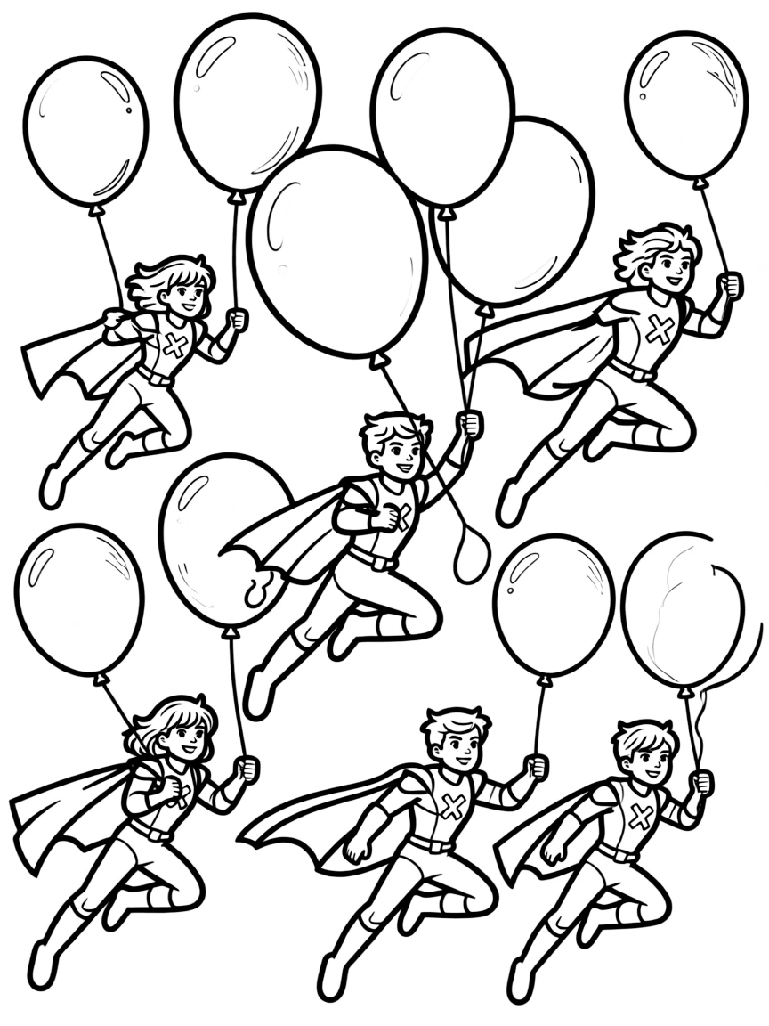 X-Men flying with balloons, with big bold outlines for easy coloring.