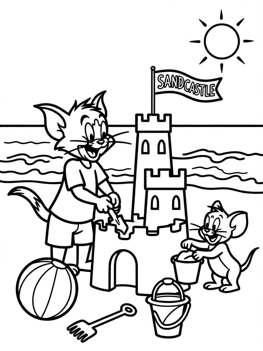 Tom and Jerry building a sandcastle, with big bold outlines for easy coloring.