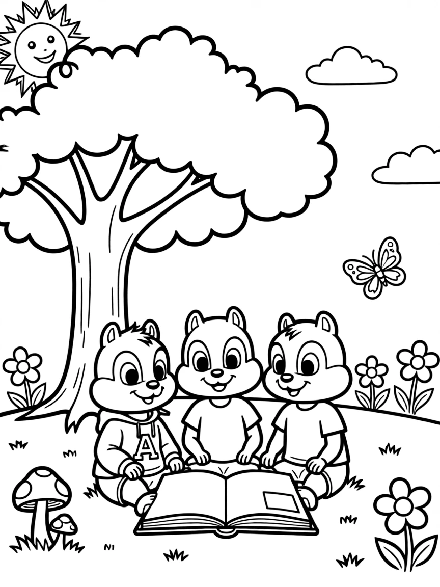 Alvin and the Chipmunks reading a book under a tree, with fun background elements.