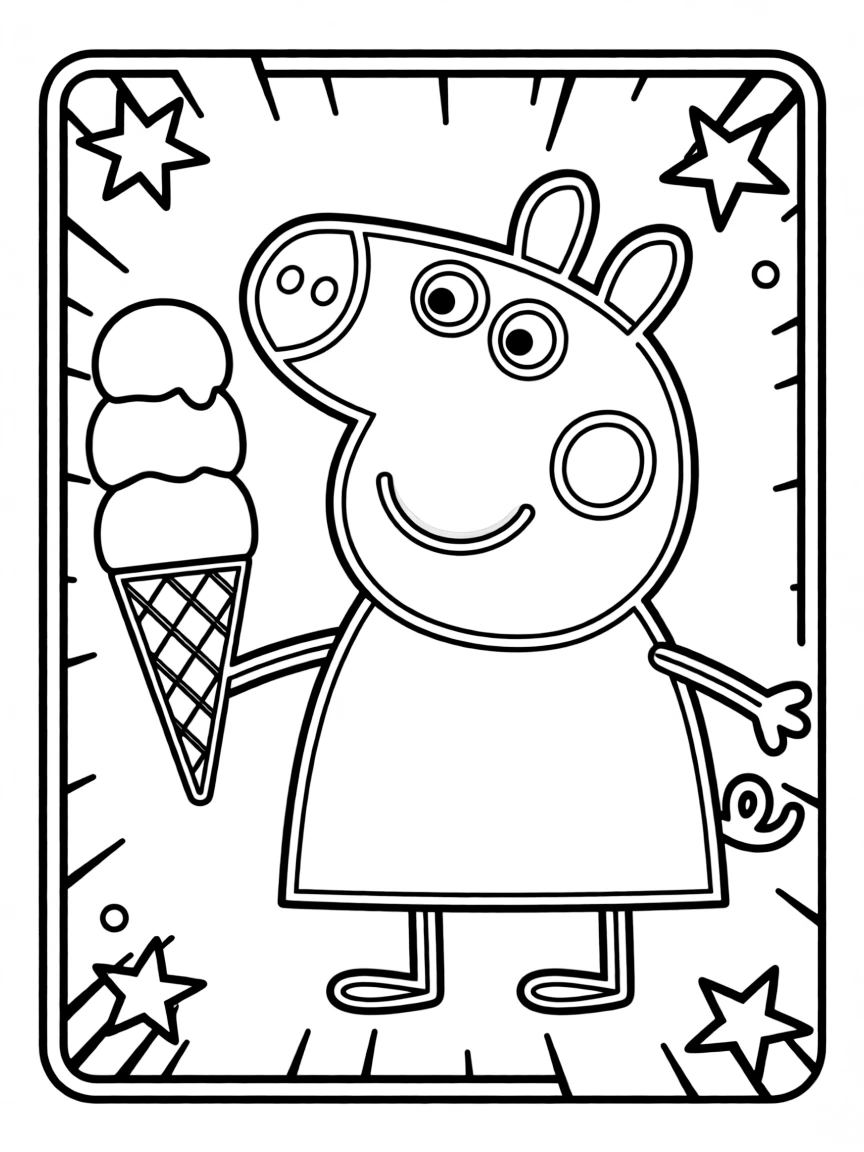 Peppa Pig enjoying an ice cream cone, inside a comic book frame.