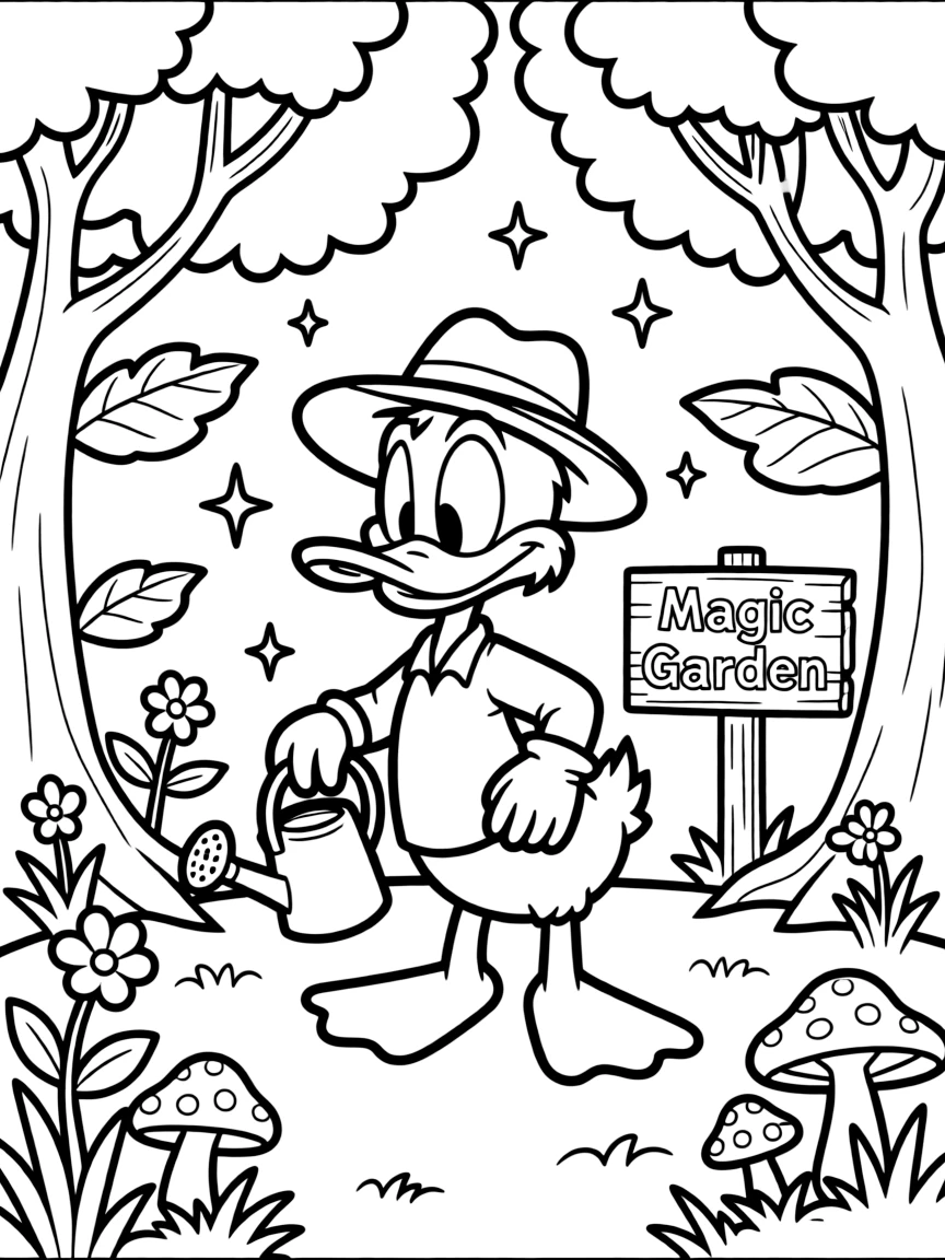 Daffy Duck gardening, in a magical forest setting.