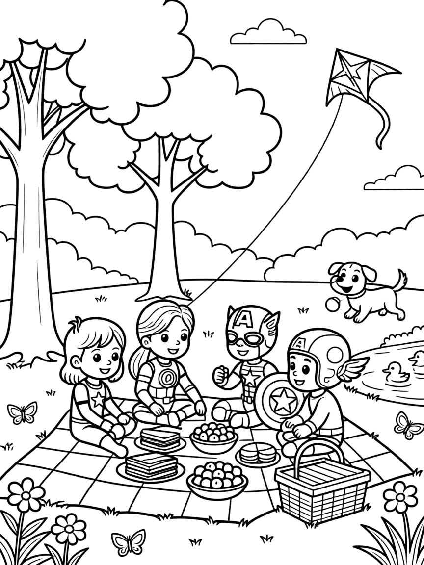 Avengers having a picnic, with fun background elements.