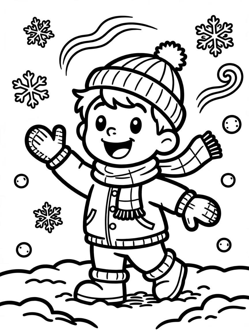 Chowder playing in the snow, with playful patterns around.