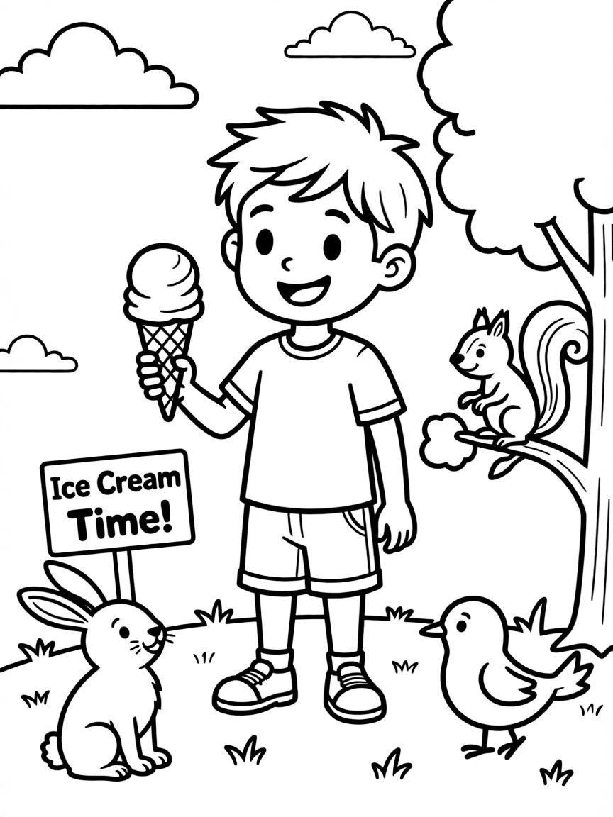 Piccolo enjoying an ice cream cone, surrounded by friendly animals.