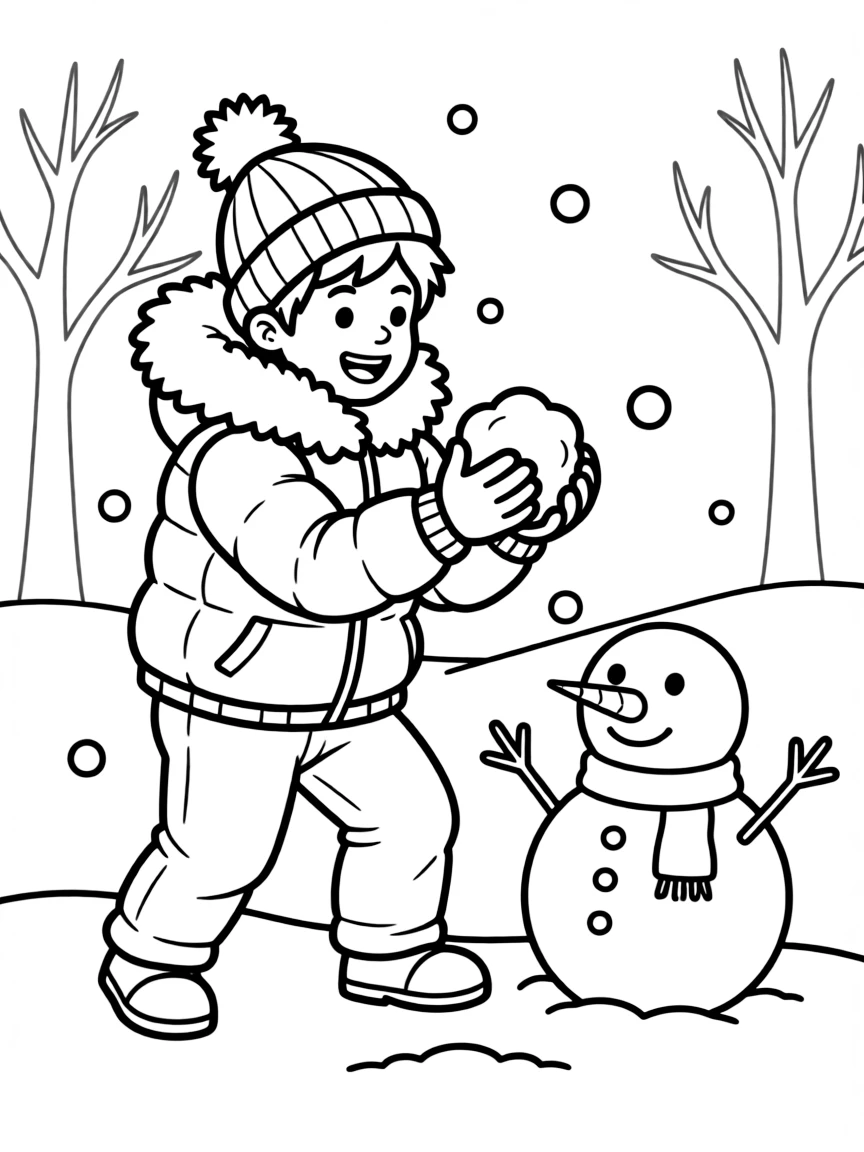 Wolverine playing in the snow, with big bold outlines for easy coloring.