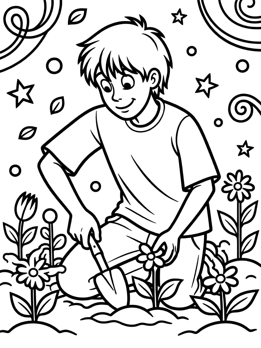 Shaggy Rogers gardening, with playful patterns around.