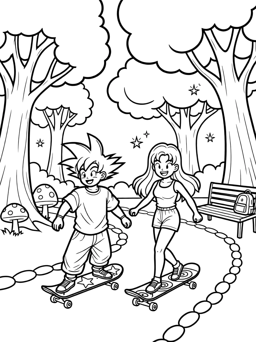 Dragon Ball Z skateboarding in the park, in a magical forest setting.