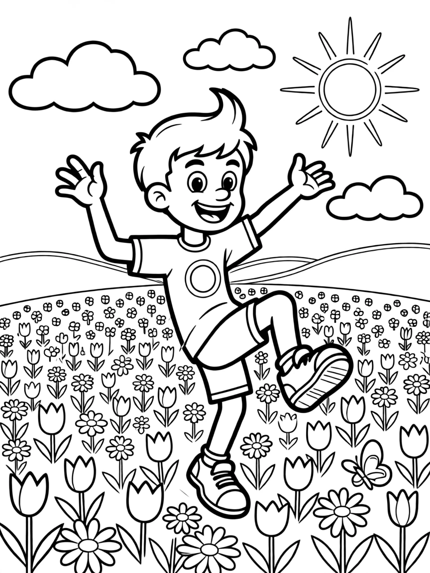 Jimmy Neutron dancing in a field of flowers, with fun background elements.