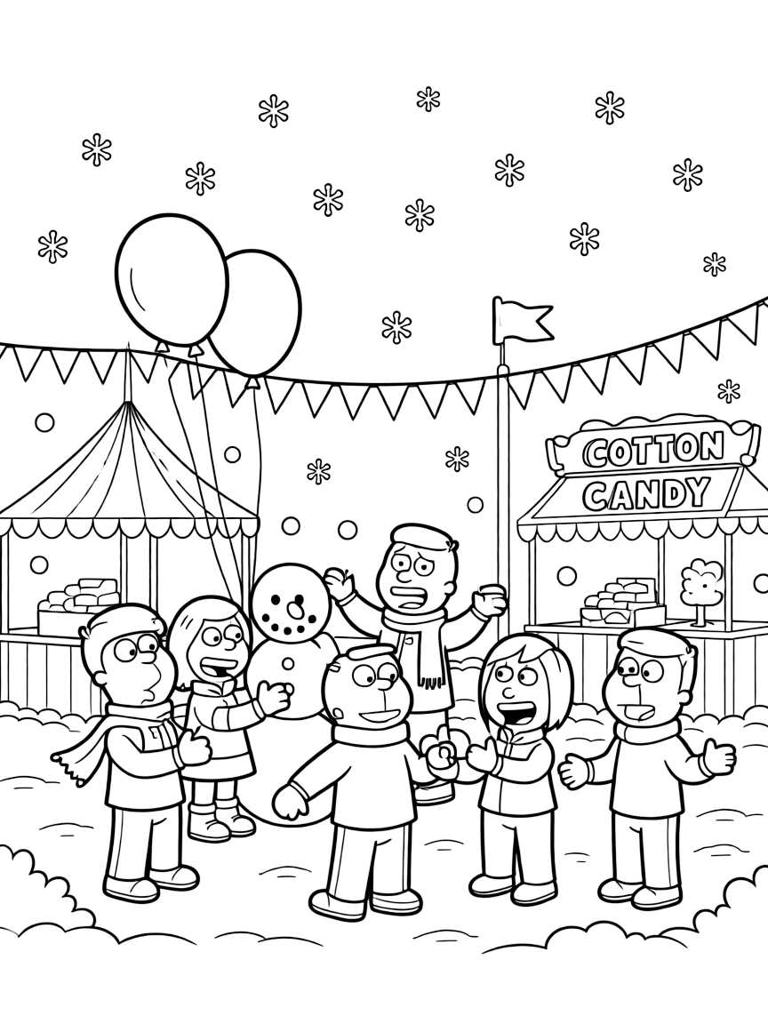 Family Guy playing in the snow, at a carnival with colorful decorations.