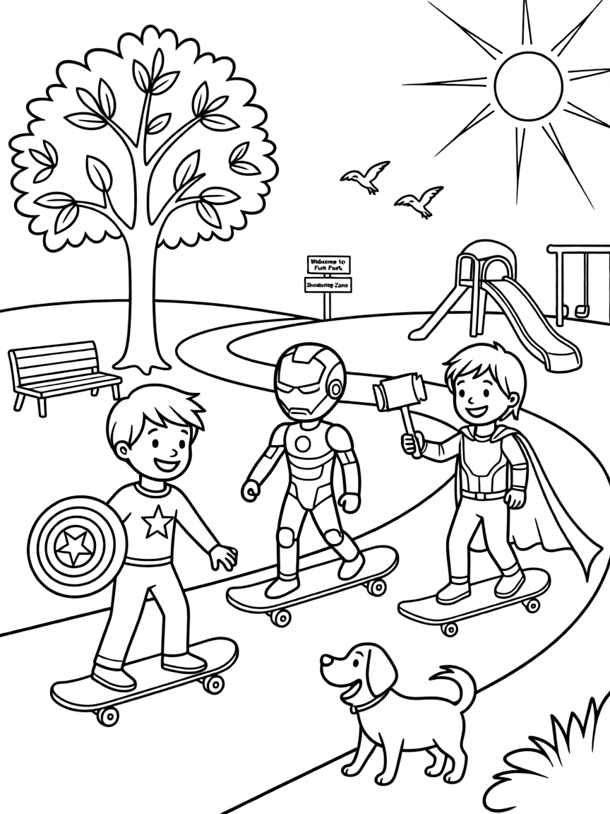 Avengers skateboarding in the park, with fun background elements.