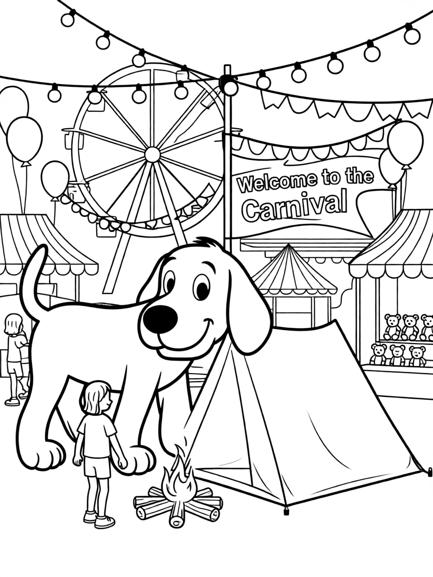 Clifford the Big Red Dog camping with friends, at a carnival with colorful decorations.