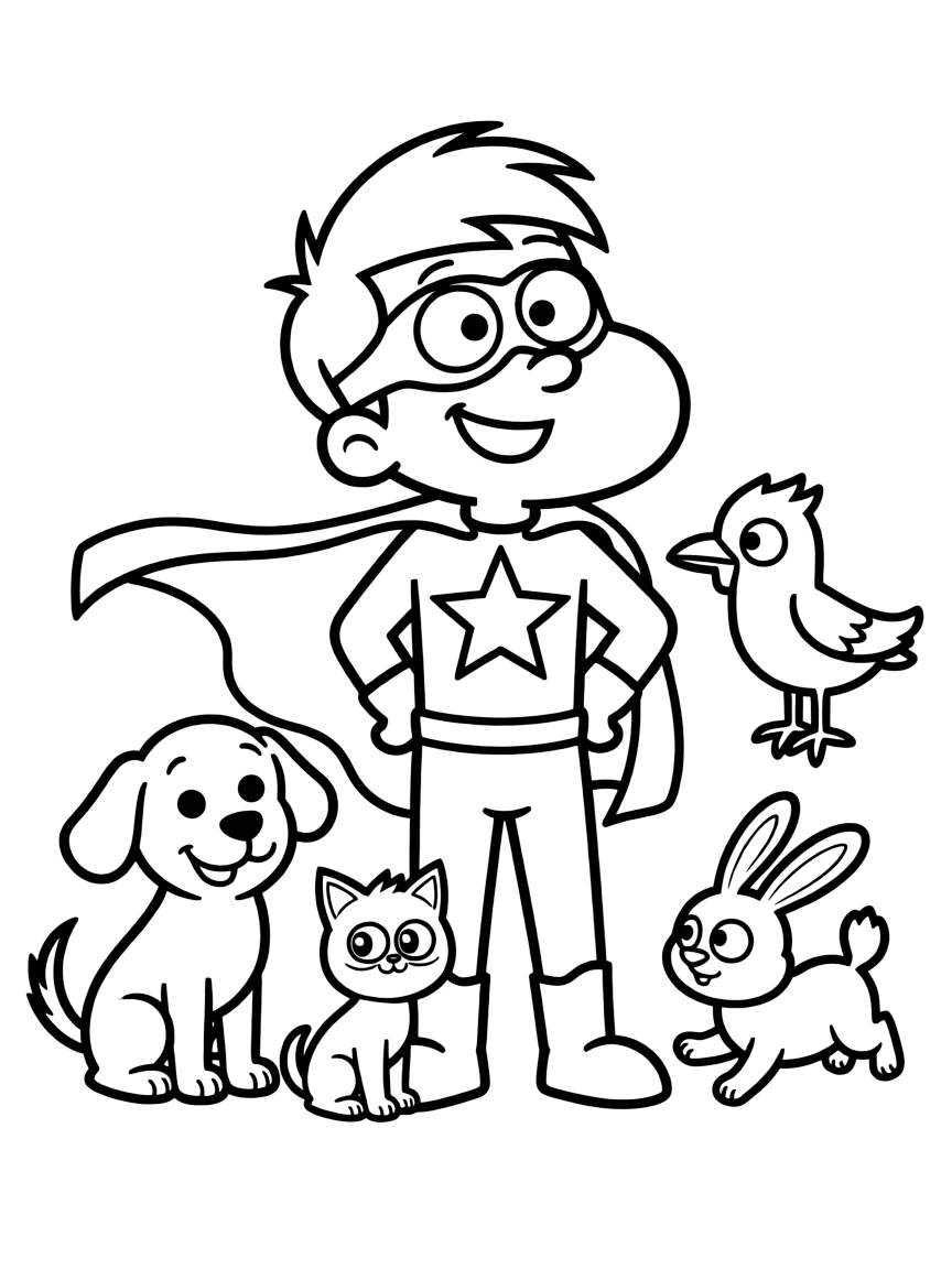 Gumball wearing a superhero costume, surrounded by friendly animals.