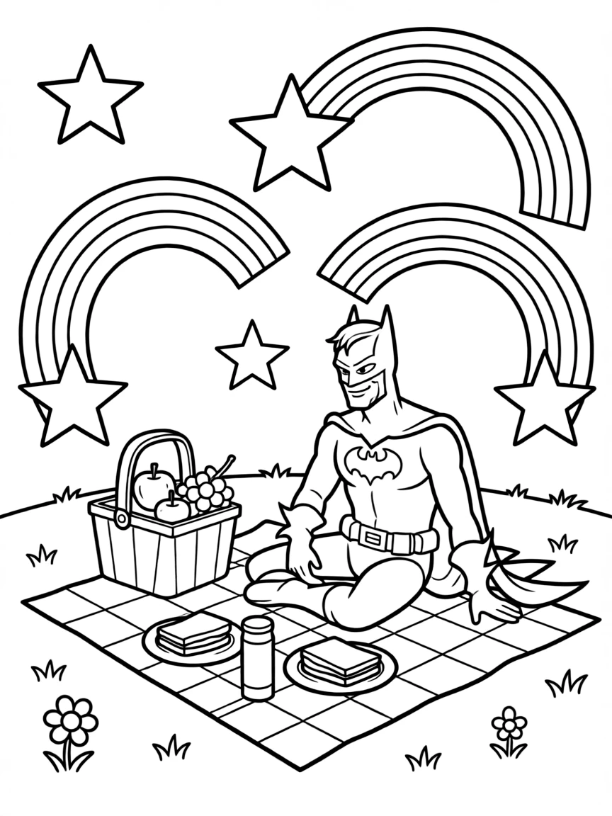 Batman: The Animated Series having a picnic, with stars and rainbows in the background.
