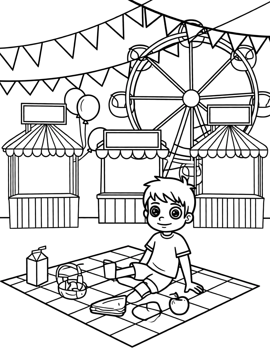 Ben 10 having a picnic, at a carnival with colorful decorations.