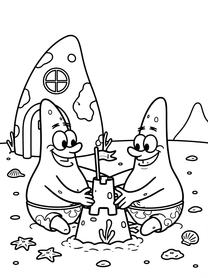 Patrick Star building a sandcastle, in front of their famous house or scene.
