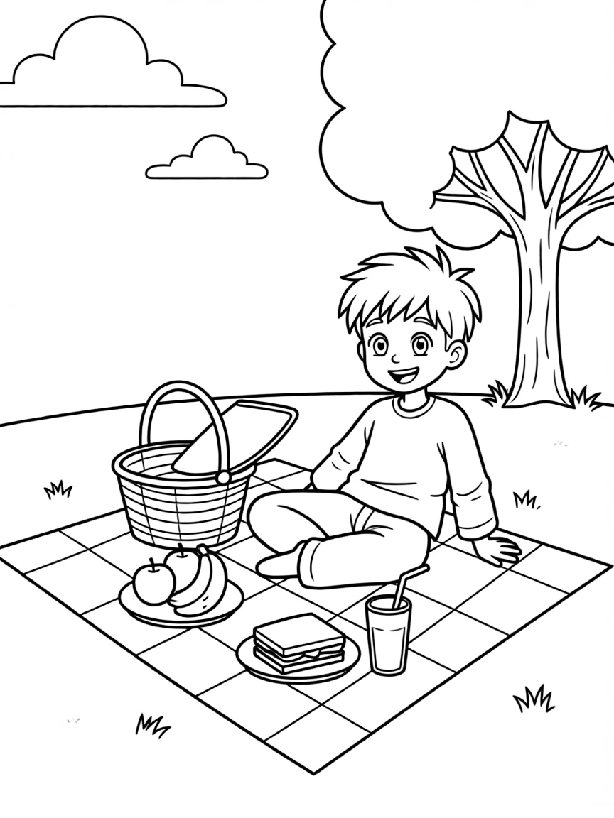 Piccolo having a picnic, with big bold outlines for easy coloring.