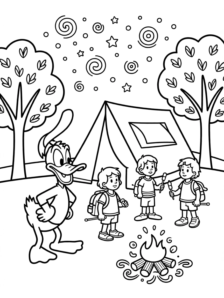 Daffy Duck camping with friends, with playful patterns around.