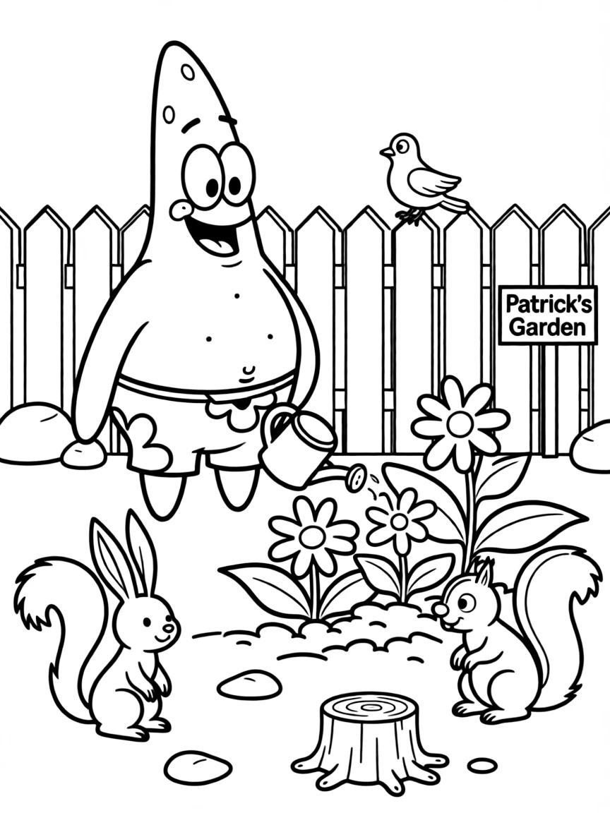Patrick Star gardening, surrounded by friendly animals.