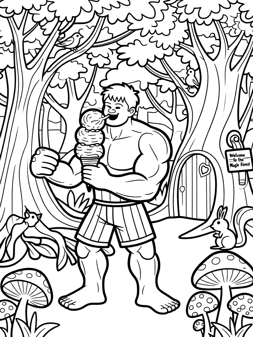 Hulk enjoying an ice cream cone, in a magical forest setting.