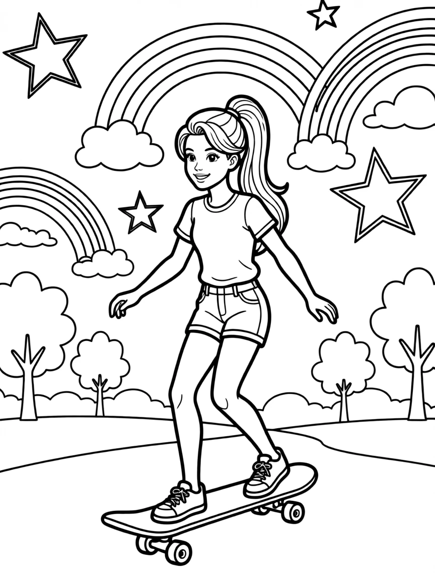 Barbie skateboarding in the park, with stars and rainbows in the background.