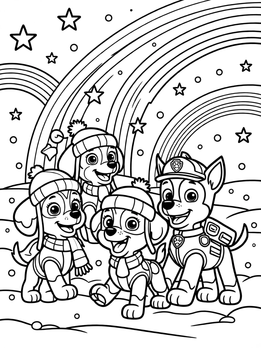 Paw Patrol playing in the snow, with stars and rainbows in the background.