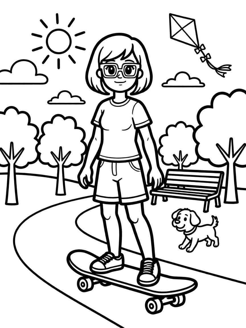 Velma skateboarding in the park, with fun background elements.