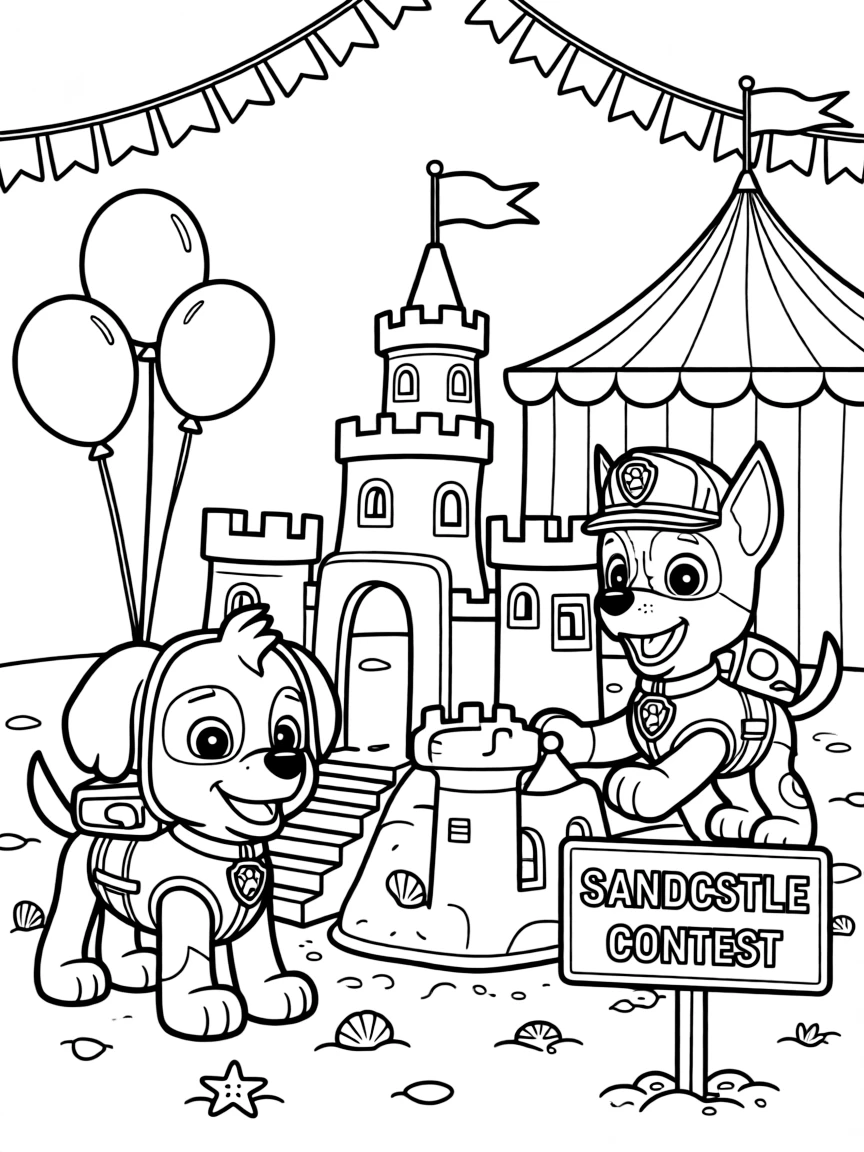 Paw Patrol building a sandcastle, at a carnival with colorful decorations.
