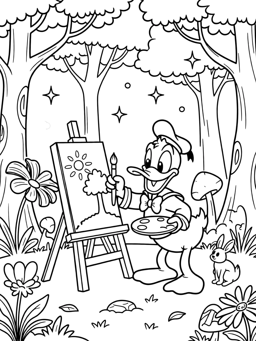 Donald Duck painting a picture, in a magical forest setting.