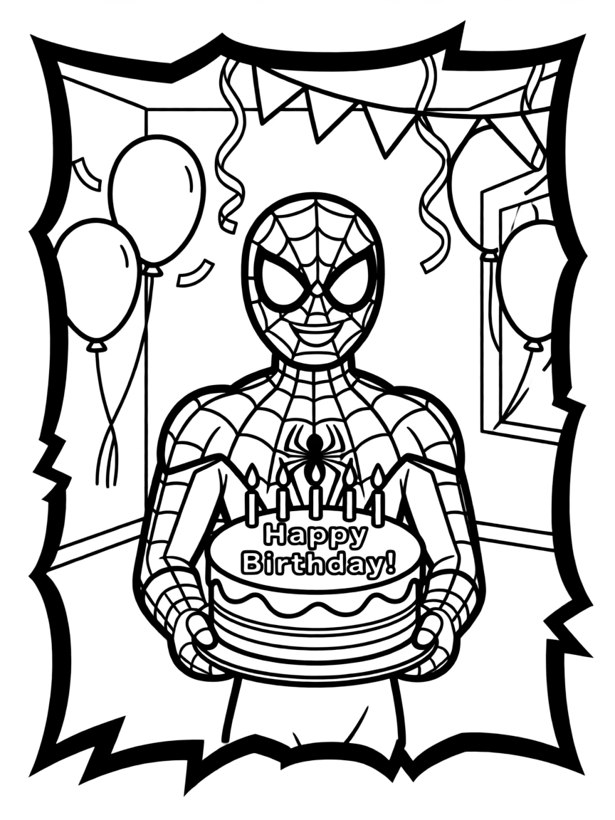 Spider-Man celebrating a birthday, inside a comic book frame.