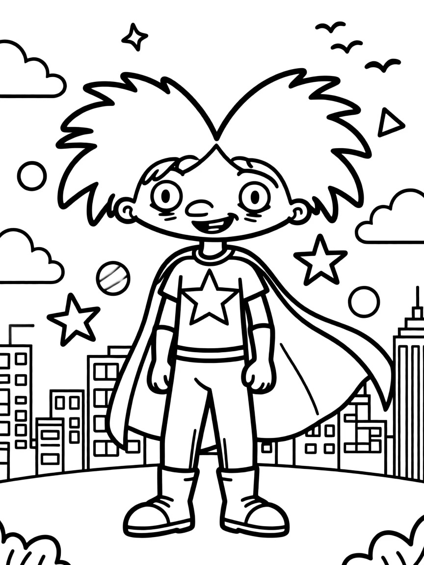 Hey Arnold! wearing a superhero costume, with fun background elements.