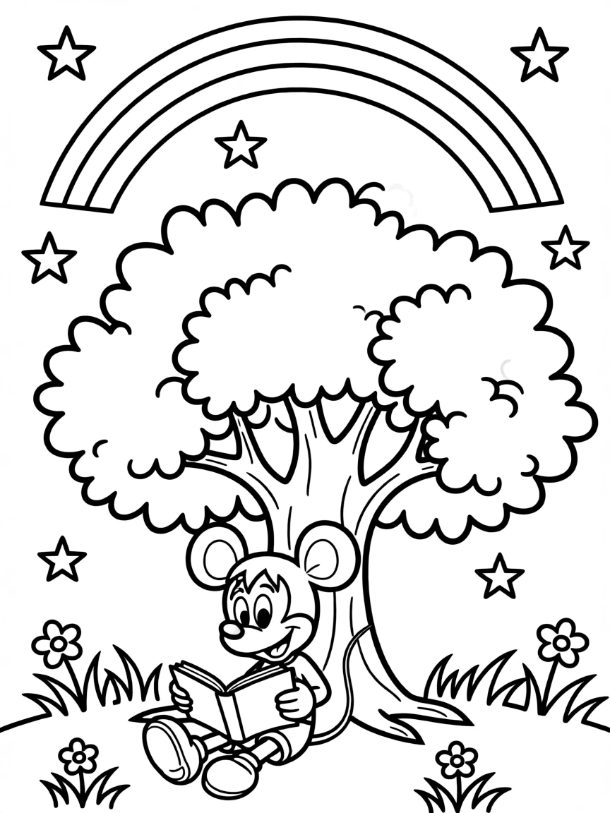 Mickey Mouse reading a book under a tree, with stars and rainbows in the background.