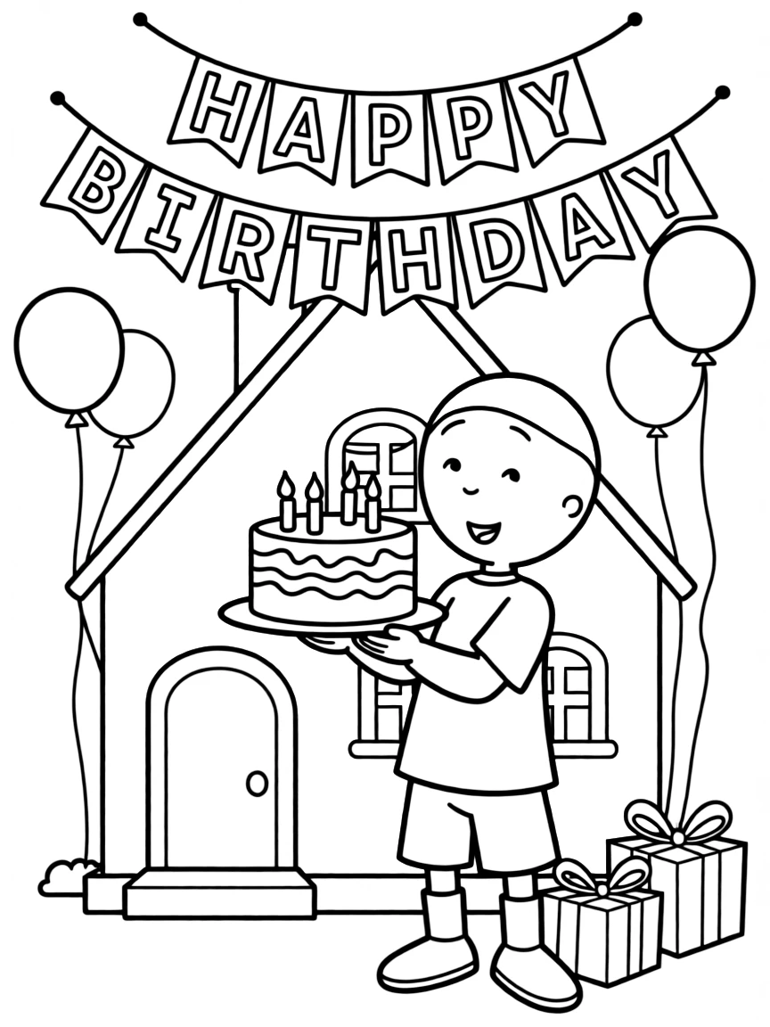 Caillou celebrating a birthday, in front of their famous house or scene.