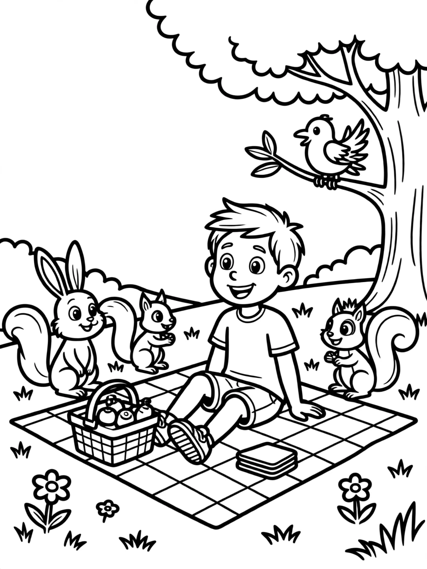 Fred having a picnic, surrounded by friendly animals.