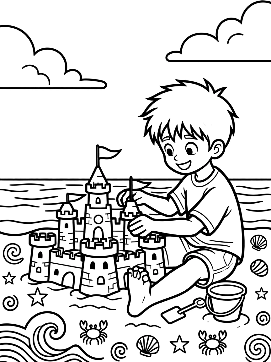 Piccolo building a sandcastle, with playful patterns around.