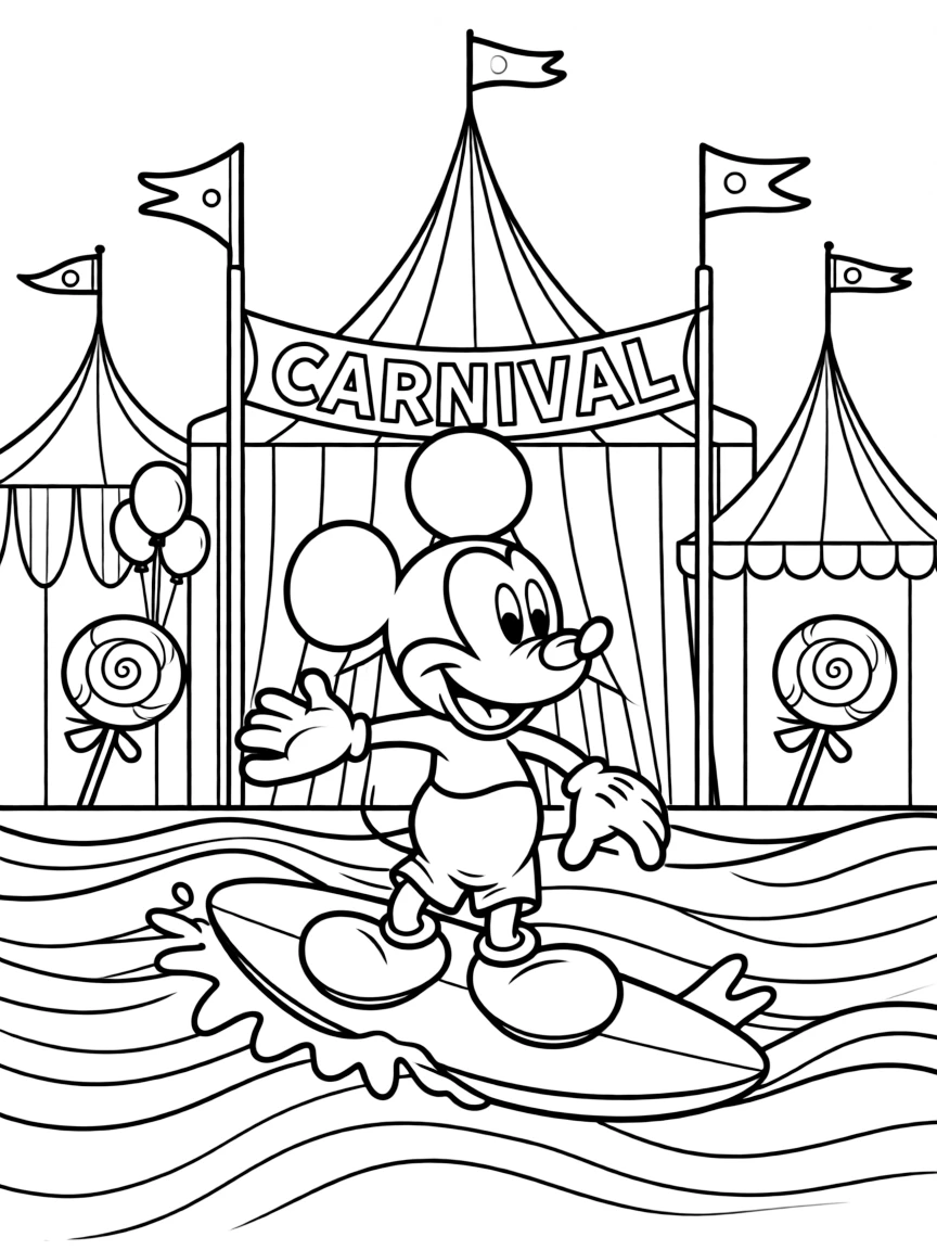 Mickey Mouse surfing on waves, at a carnival with colorful decorations.