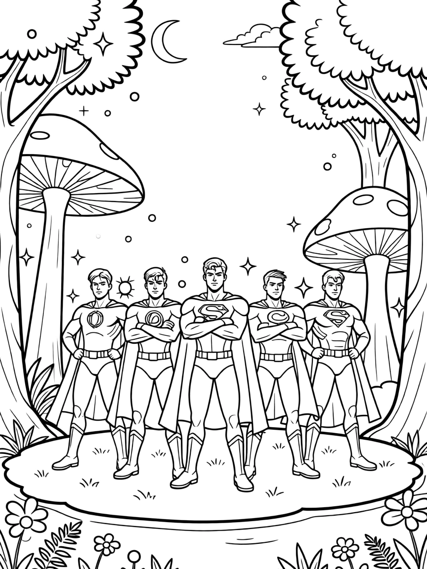 Justice League posing heroically, in a magical forest setting.
